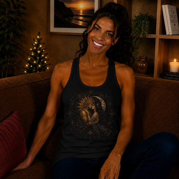 Celestial Sun & Moon Lovers Tank Top – Cosmic Embrace Graphic Tank | Mystical Divine Couple Fantasy Summer Top | Romantic Moon Lover Gift