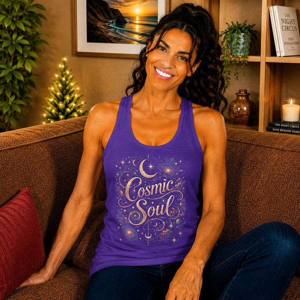 Cosmic Soul Tank Top – Celestial Galaxy Typography Graphic Tank | Moon & Stars Inspirational Summer Top | Astrology Lover Gift
