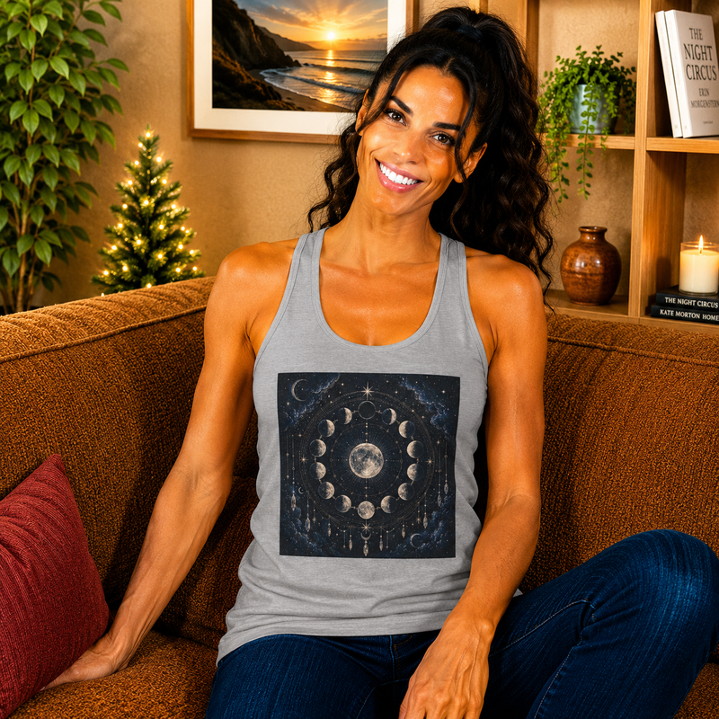 Celestial Moon Phases Tank Top – Lunar Cycle & Full Moon Graphic Tank | Mystical Night Sky Astrology Summer Top | Moon Lover Gift