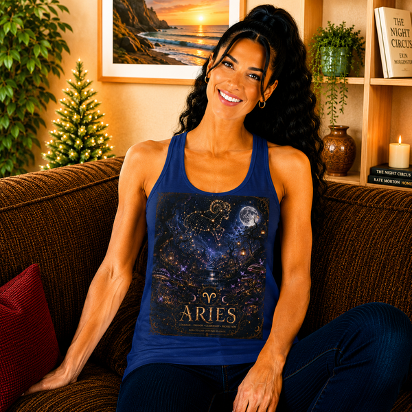 Aries Celestial Constellation Tank Top – Mystical Zodiac Astrology Graphic Tank | Cosmic Ram Stars & Moon Summer Top | Aries Horoscope Gift
