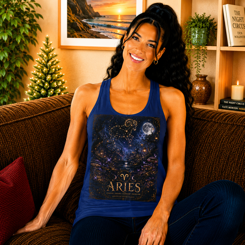Aries Celestial Constellation Tank Top – Mystical Zodiac Astrology Graphic Tank | Cosmic Ram Stars & Moon Summer Top | Aries Horoscope Gift