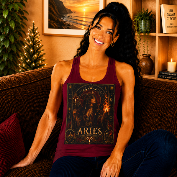 Aries Fire Priestess Tank Top – Mystical Zodiac Astrology Graphic Tank | Witchy Celestial Fantasy Summer Top | Aries Horoscope Gift