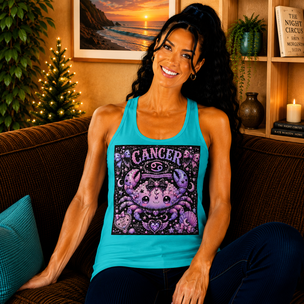 Cancer Kawaii Goth Crab Tank Top – Cute Zodiac Astrology Graphic Tank | Pastel Gothic Celestial Sea Creature Summer Top | Cancer Horoscope Gift