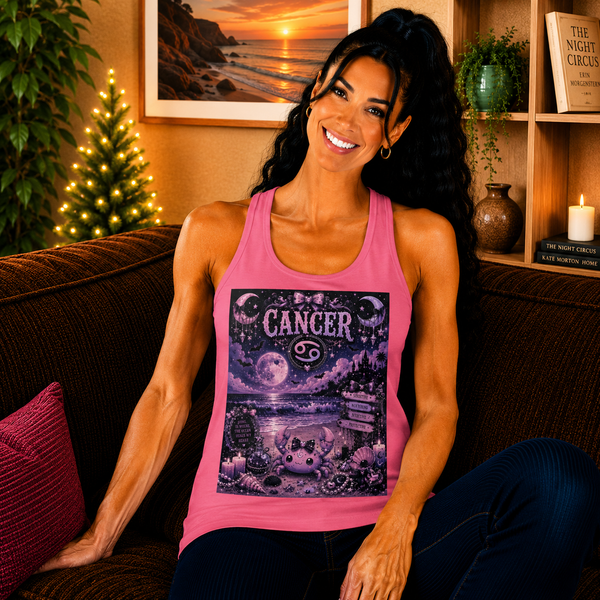 Cancer Kawaii Moonlit Beach Tank Top – Cute Zodiac Astrology Graphic Tank | Pastel Celestial Coastal Summer Top | Cancer Horoscope Gift