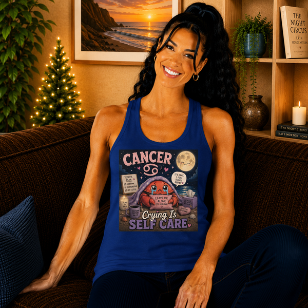 Cancer Crying Is Self Care Tank Top – Funny Zodiac Crab Graphic Tank | Cute Astrology Meme Summer Top | Cancer Horoscope Gift
