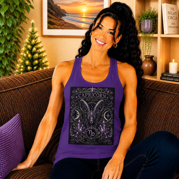 Capricorn Celestial Goat Crest Tank Top – Mystical Zodiac Astrology Graphic Tank | Moon & Stars Fantasy Summer Top | Capricorn Horoscope Gift