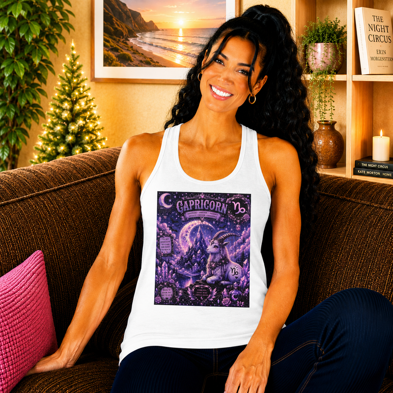 Capricorn Celestial Mountain Goat Tank Top – Mystical Zodiac Astrology Graphic Tank | Moonlit Fantasy Animal Summer Top | Capricorn Horoscope Gift