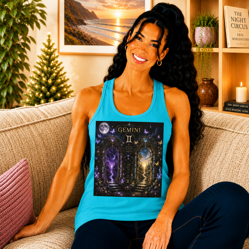 Gemini Celestial Twin Portals Tank Top – Mystical Zodiac Astrology Graphic Tank | Cosmic Moon & Magic Summer Top | Gemini Horoscope Gift