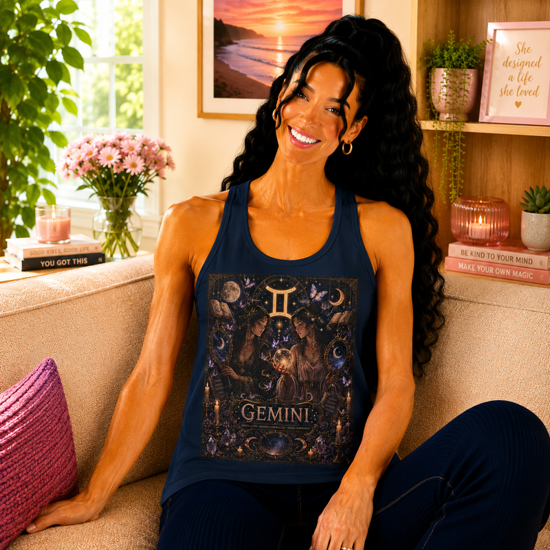 Gemini Mystical Twin Witches Tank Top – Celestial Zodiac Astrology Graphic Tank | Moon Magic Fantasy Summer Top | Gemini Horoscope Gift