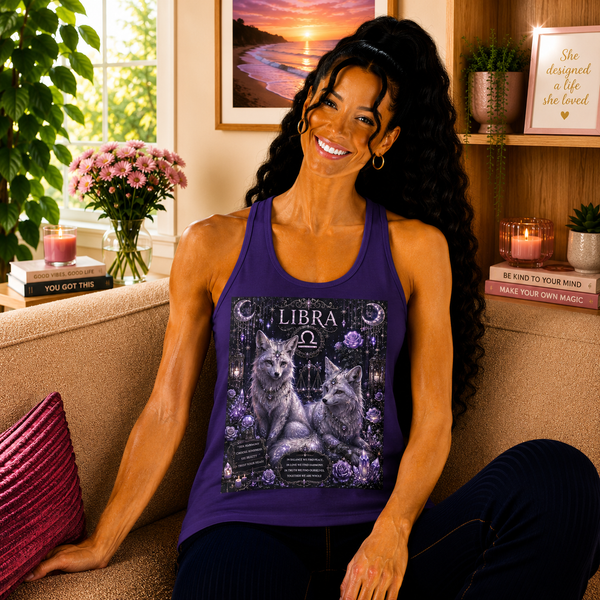 Libra Celestial Twin Foxes Tank Top – Mystical Zodiac Astrology Graphic Tank | Moonlit Fantasy Fox Summer Top | Libra Horoscope Gift