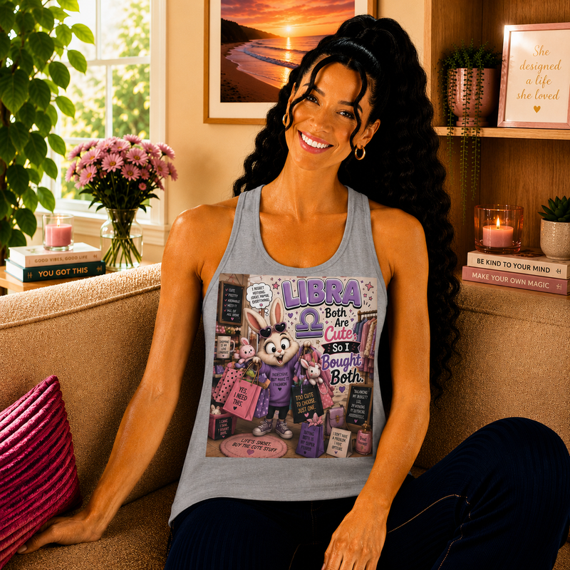 Libra Both Are Cute So I Bought Both Tank Top – Funny Zodiac Bunny Graphic Tank | Cute Astrology Meme Summer Top | Libra Horoscope Gift