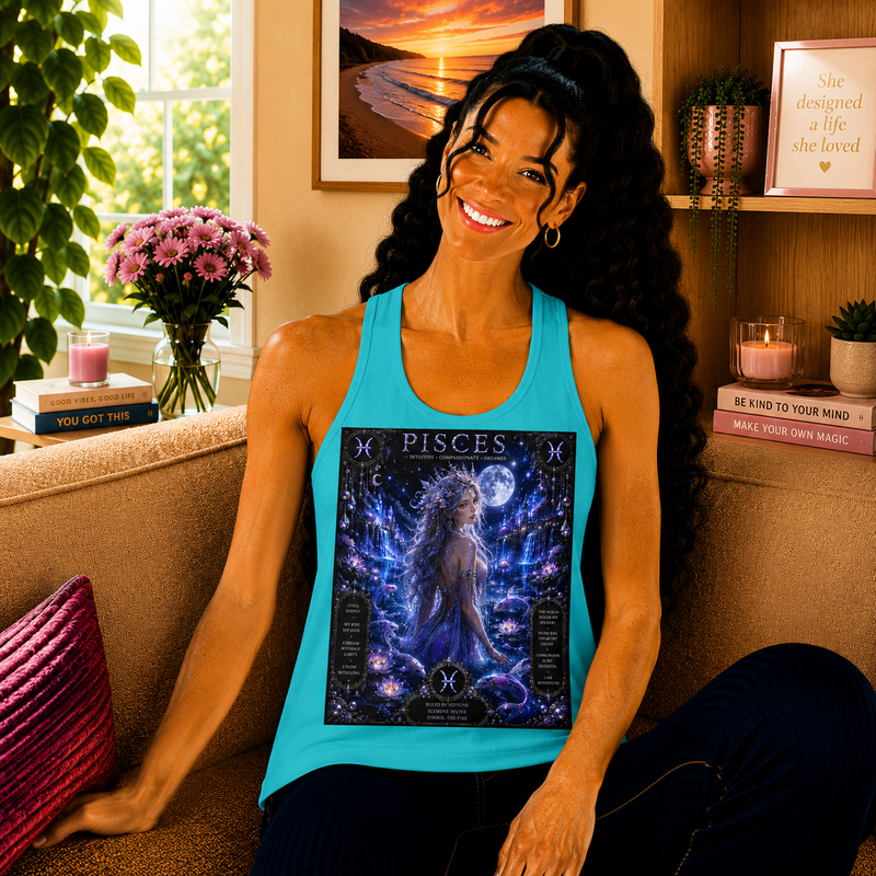 Pisces Celestial Moon Goddess Tank Top – Mystical Zodiac Astrology Graphic Tank | Cosmic Fantasy Water Sign Summer Top | Pisces Horoscope Gift