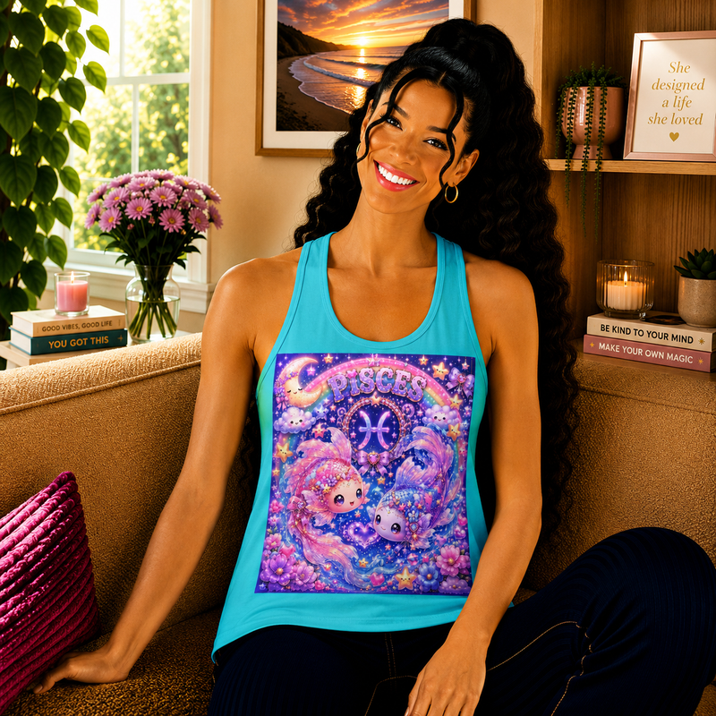 Pisces Kawaii Twin Fish Tank Top – Cute Zodiac Astrology Graphic Tank | Pastel Celestial Fantasy Fish Summer Top | Pisces Horoscope Gift