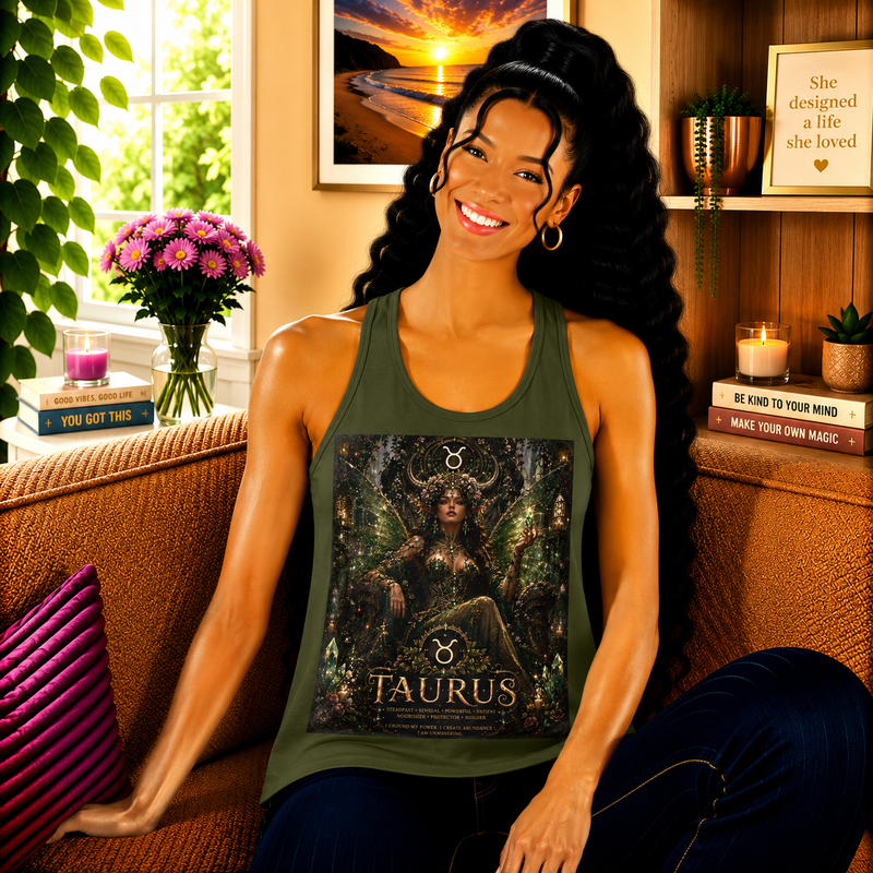 Taurus Celestial Forest Queen Tank Top – Mystical Zodiac Astrology Graphic Tank | Earth Sign Fantasy Goddess Summer Top | Taurus Horoscope Gift