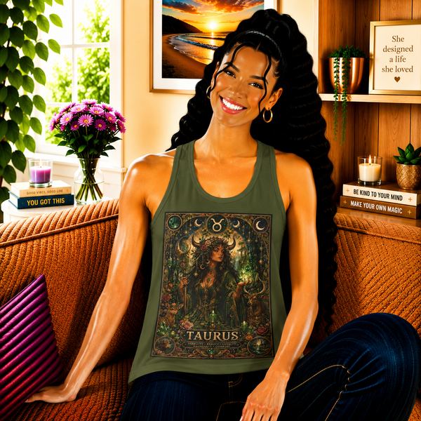Taurus Enchanted Forest Priestess Tank Top – Mystical Zodiac Astrology Graphic Tank | Woodland Fantasy Moon Magic Summer Top | Taurus Horoscope Gift
