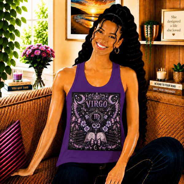 Virgo Celestial Gothic Crest Tank Top – Mystical Zodiac Astrology Graphic Tank | Floral Fantasy Emblem Summer Top | Virgo Horoscope Gift