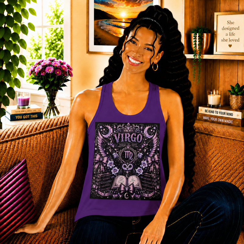 Virgo Celestial Gothic Crest Tank Top – Mystical Zodiac Astrology Graphic Tank | Floral Fantasy Emblem Summer Top | Virgo Horoscope Gift