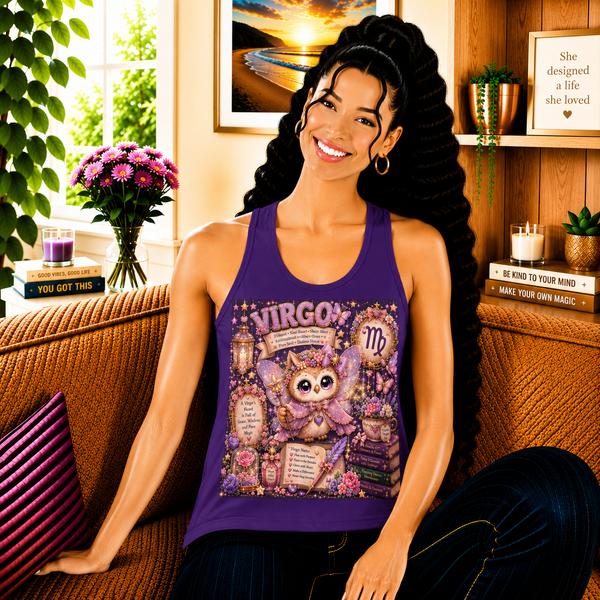 Virgo Kawaii Owl Tank Top – Cute Zodiac Astrology Graphic Tank | Pastel Celestial Book Lover Owl Summer Top | Virgo Horoscope Gift