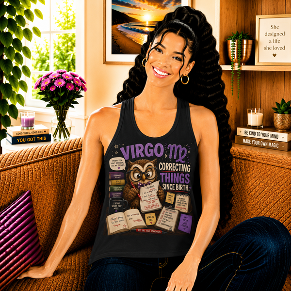 Virgo Correcting Things Since Birth Tank Top – Funny Zodiac Owl Graphic Tank | Cute Astrology Meme Sleeveless Shirt | Virgo Horoscope Gift