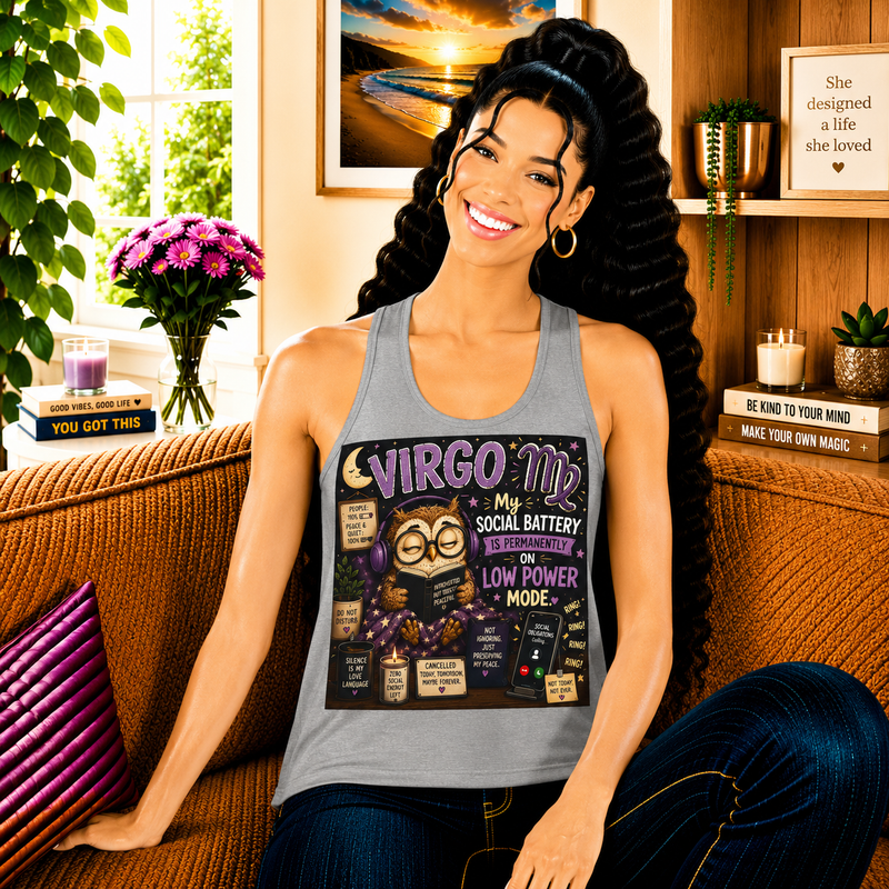 Virgo My Social Battery Is Permanently in Low Power Mode Tank Top – Funny Zodiac Owl Graphic Tank | Cute Astrology Introvert Meme Sleeveless Shirt | Virgo Horoscope Gift