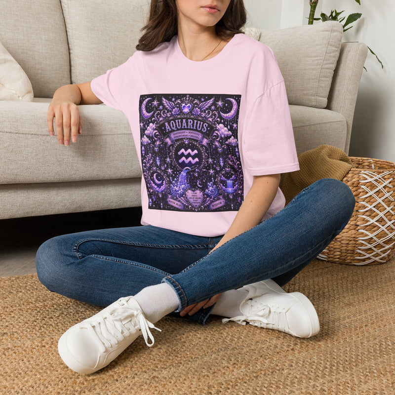 Aquarius Zodiac Crest T-Shirt – Mystical Astrology Emblem Graphic Tee | Celestial Moon & Stars Shirt | Aquarius Horoscope Gift