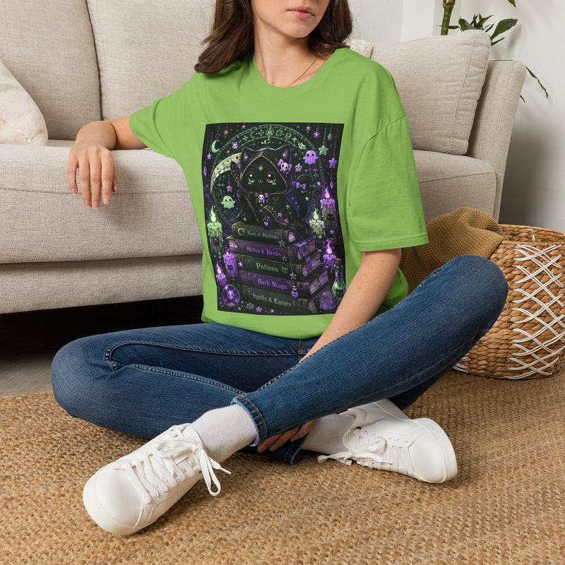 Reaper Kitty Spell Books T-Shirt – Kawaii Pastel Goth Black Cat Tee with Scythe, Potions & Witchy Magic