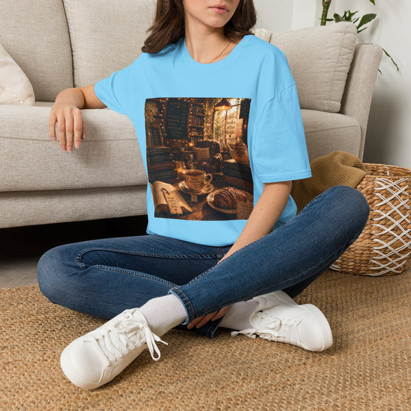 Cozy Library Café T-Shirt – Book Lover Coffee Graphic Tee | Warm Reading Nook Literary Shirt | Reader Gift from The Bookworm’s Hideaway