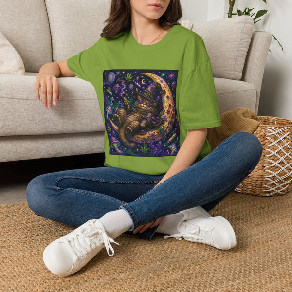 Psychedelic Moon Cat T-Shirt – Cannabis and Magic Mushroom Graphic Tee | Trippy Celestial Cat Shirt | Enchanted Haze Gift