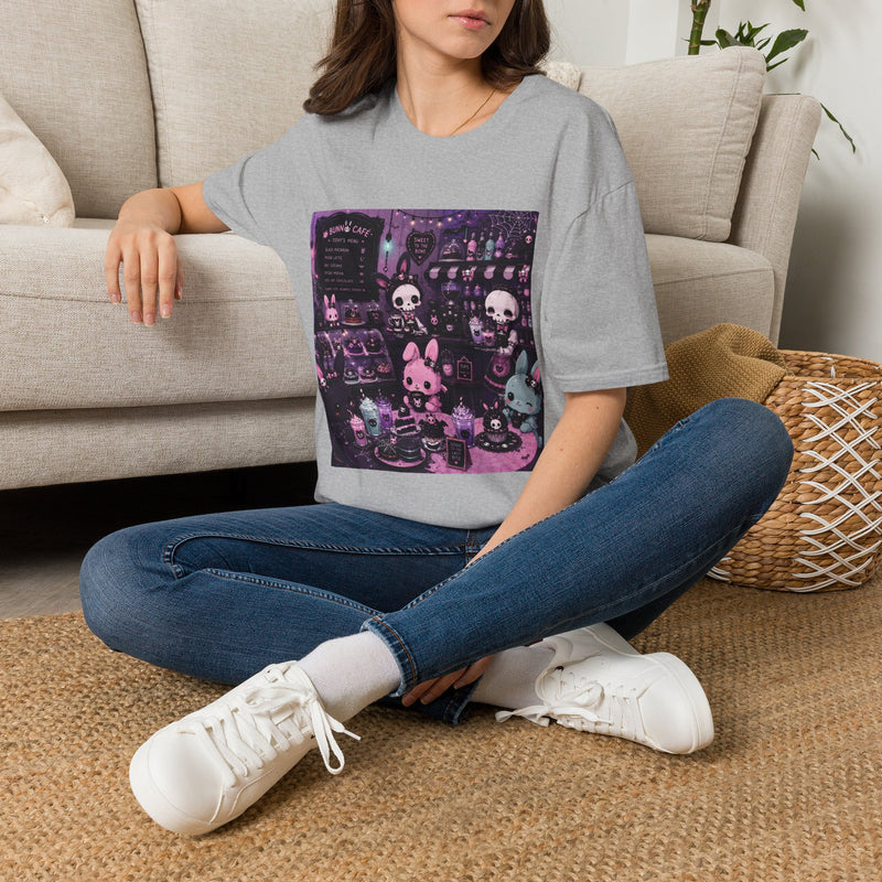Kawaii Goth Bunny Bakery T-Shirt – Pastel Goth Dessert Shop Tee with Cupcakes, Skulls & Spooky Cute Vibes