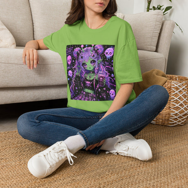 Pastel Goth Alien Girl T-Shirt – Kawaii Space Girl Tee with Skulls, Purple Hair & Spooky Cute Aesthetic