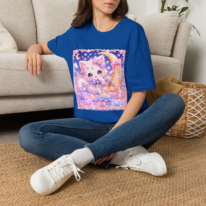 Kawaii Kitten Moon T-Shirt – Cute Pastel Cat on Crescent Moon Graphic Tee | Dreamy Celestial Kitty Shirt | Cutiecore Gift for Cat Lovers
