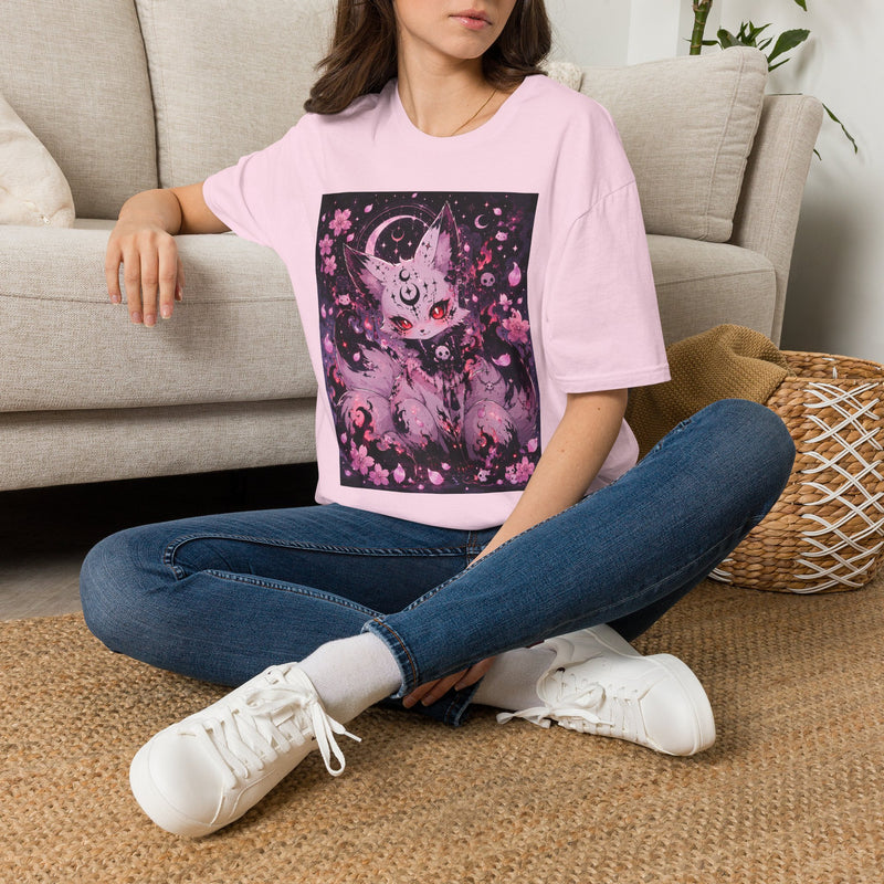 Pastel Goth Celestial Fox T-Shirt – Kawaii Mystic Fox Tee with Crescent Moon & Cherry Blossoms