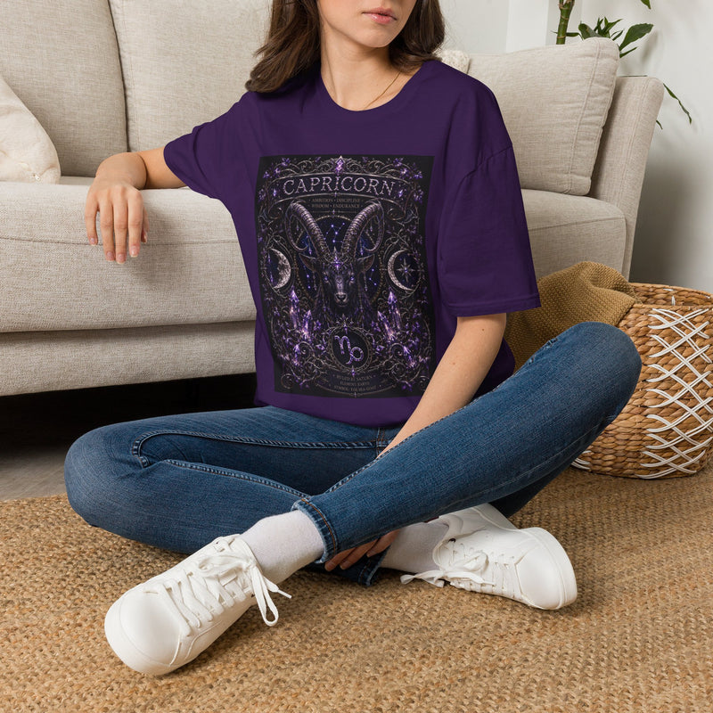 Capricorn Celestial Goat Crest T-Shirt – Mystical Zodiac Astrology Graphic Tee | Moon & Stars Fantasy Emblem Shirt | Capricorn Horoscope Gift