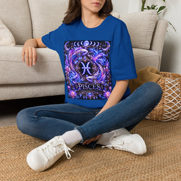 Pisces Celestial Twin Fish Crest T-Shirt – Mystical Zodiac Astrology Graphic Tee | Moon Phases Fantasy Shirt | Pisces Horoscope Gift