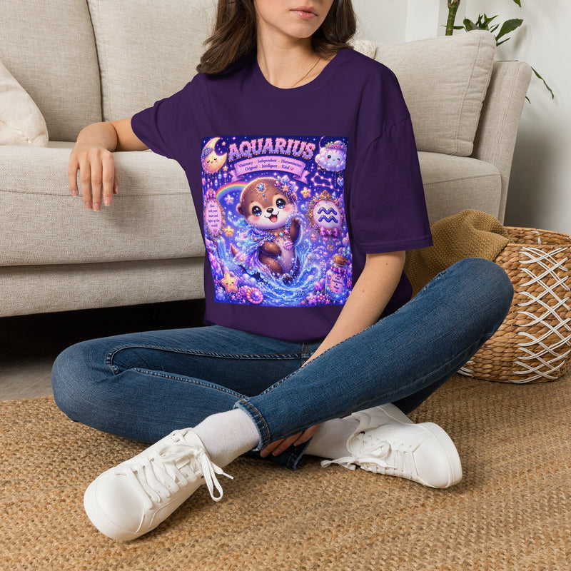 Aquarius Kawaii Sea Otter T-Shirt – Cute Zodiac Astrology Graphic Tee | Pastel Celestial Ocean Animal Shirt | Aquarius Horoscope Gift