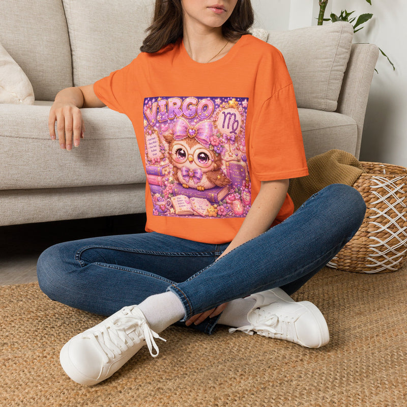 Virgo Kawaii Owl T-Shirt – Cute Zodiac Astrology Graphic Tee | Pastel Celestial Book Lover Owl Shirt | Virgo Horoscope Gift
