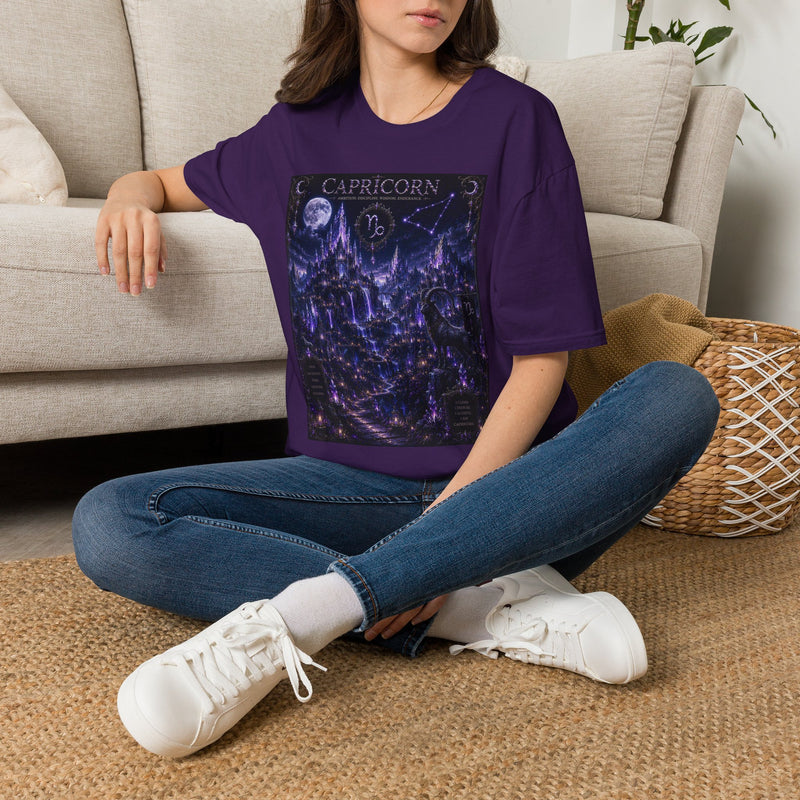 Capricorn Celestial Castle T-Shirt – Mystical Zodiac Astrology Graphic Tee | Moonlit Fantasy Landscape Shirt | Capricorn Horoscope Gift