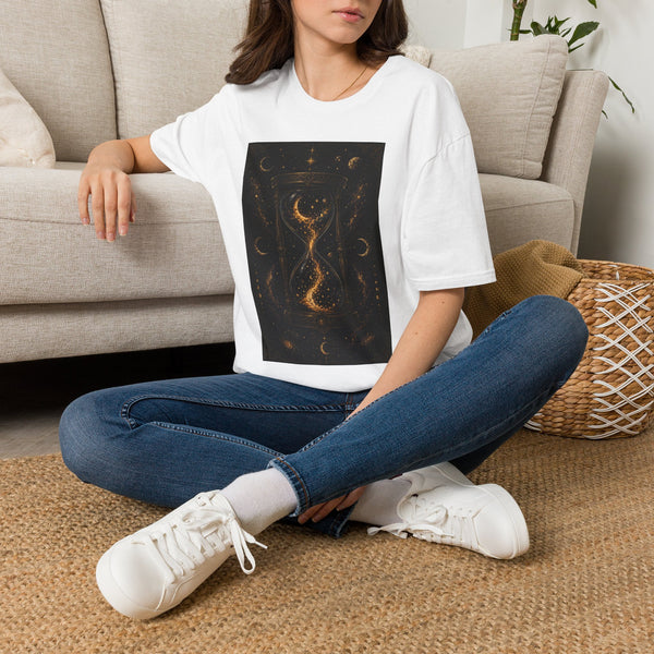Celestial Hourglass T-Shirt – Mystical Cosmic Sands of Time Graphic Tee | Moon & Stars Fantasy Shirt | Astrology Lover Gift