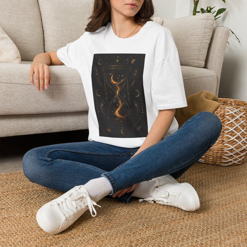 Celestial Hourglass T-Shirt – Mystical Cosmic Sands of Time Graphic Tee | Moon & Stars Fantasy Shirt | Astrology Lover Gift