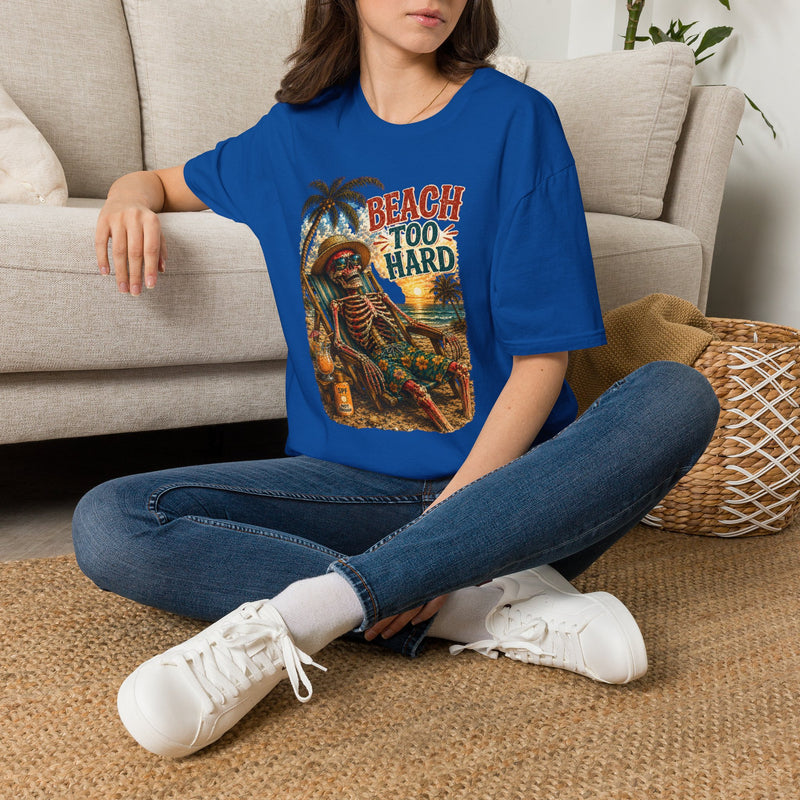 Beach Too Hard Skeleton T-Shirt – Funny Beach Vacation Graphic Tee | Tropical Skeleton Relaxing Shirt | Coastal Summer Gift