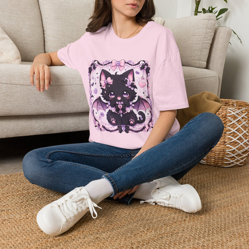 Kawaii Bat Wing Kitty T-Shirt – Pastel Goth Black Cat Tee with Bows, Hearts & Spooky Cute Aesthetic