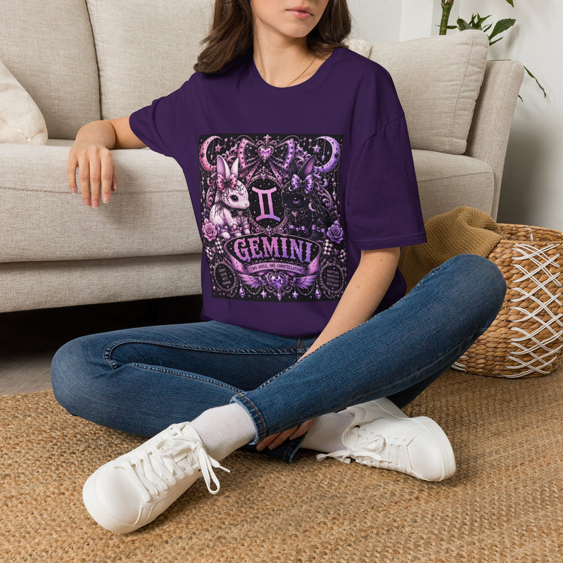 Gemini Celestial Bunny Crest T-Shirt – Cute Zodiac Astrology Graphic Tee | Mystical Moon & Stars Rabbit Shirt | Gemini Horoscope Gift